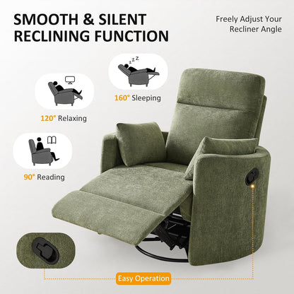 Nursery Rocking Chair, Oversized 360° Swivel Glider Recliner Chair, Upholstered Nursery Rocker with 2 Pillows and Footrest, Cozy Reclining Sofa for Living Room, Bedroom, Nursing, Olive