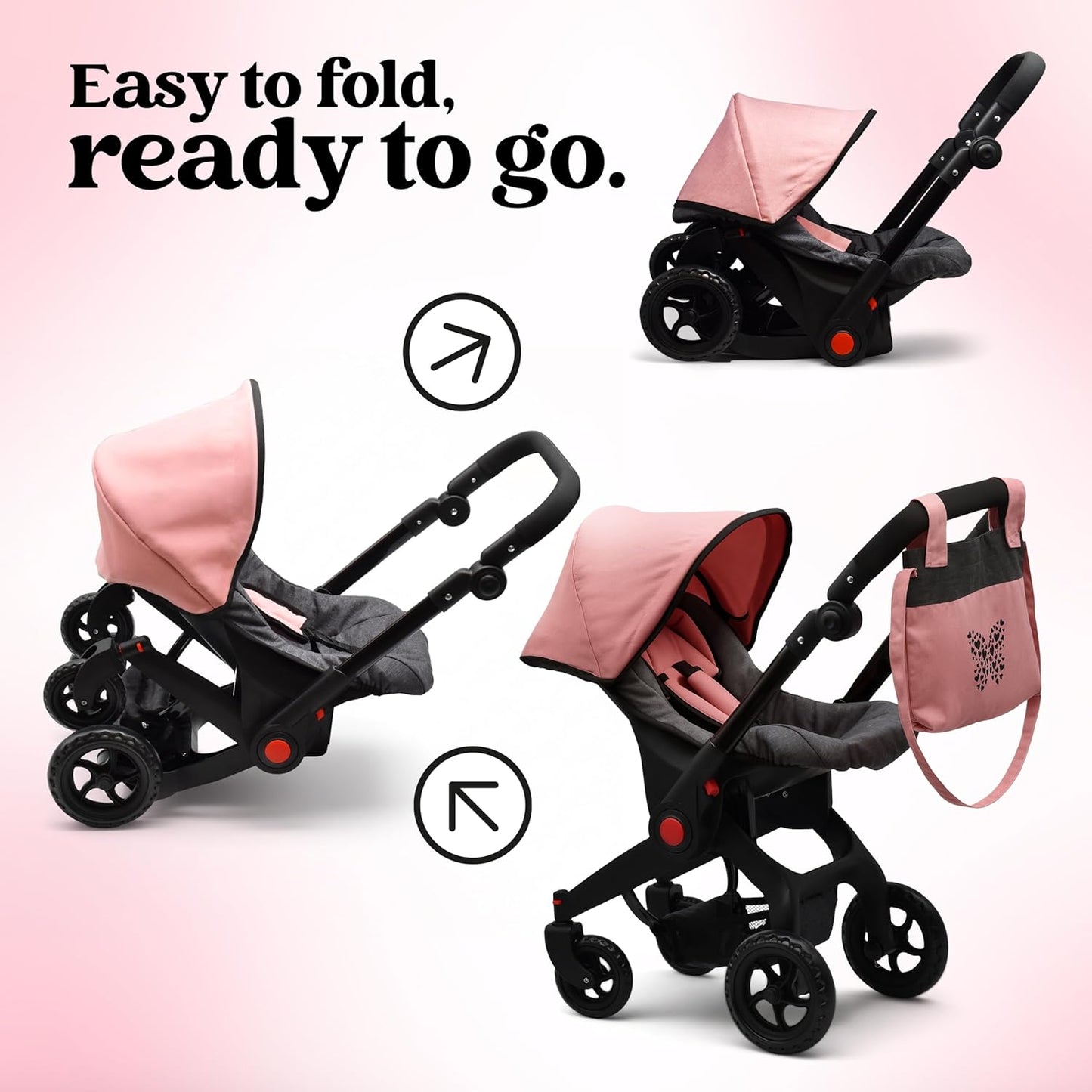 Baby Doll Convertible Travel Stroller for Girls Toddler Play Toy Car Seat Two in One Foldable Carriage for Kids with Diaper Bag Pretend Play Stroller for Doll