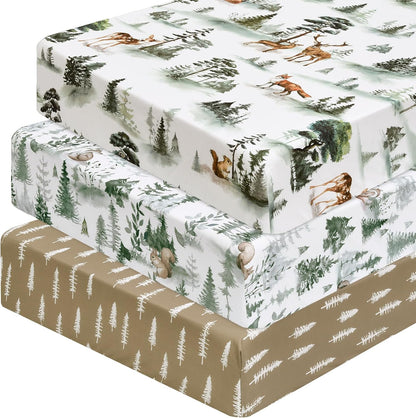 PHF 3 Pack Soft Mini Crib Sheets, Floral & Animal Pack N Play Sheets for Baby Boys Girls, No Slip Universal Fit for Pack N Play, Playard, Portable and Mini Crib Mattresses,Floral & Animal