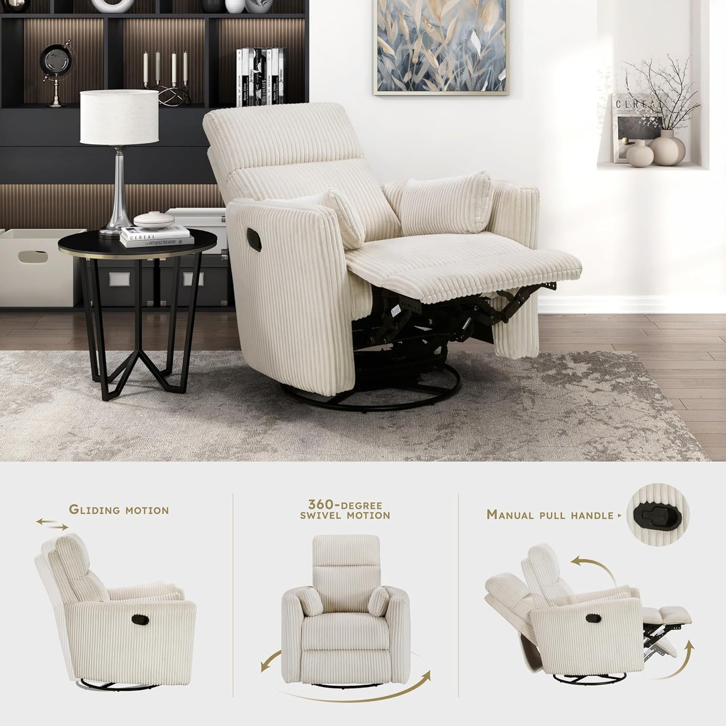 Lexicon Modern Swivel Glider Recliner Chair, Nursery Glider, Corduroy Fabric Upholstery Recliner with 2 Lumbar Pillows, Manual Reclining Sofa Chair for Living Room/Office/Apartment, Beige