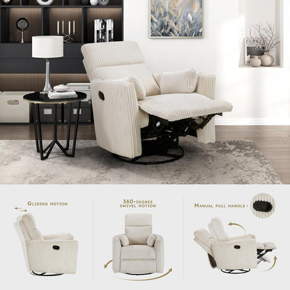 Lexicon Modern Swivel Glider Recliner Chair, Nursery Glider, Corduroy Fabric Upholstery Recliner with 2 Lumbar Pillows, Manual Reclining Sofa Chair for Living Room/Office/Apartment, Beige