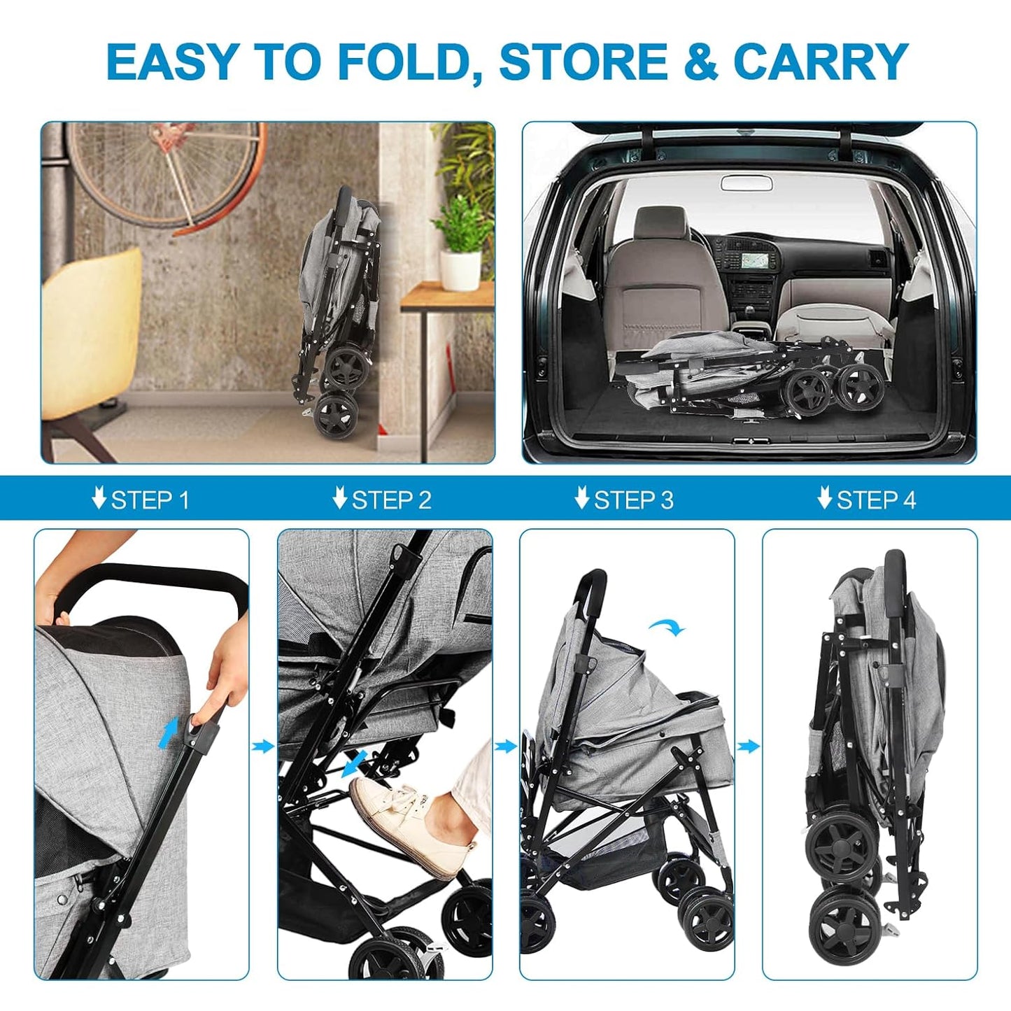Lightweight Dog Stroller with Reversible Handle for Medium Small Dogs and Cats, Foldable Pet Stroller Travel Carriage with Large Storage Basket, 4 Wheels, Black