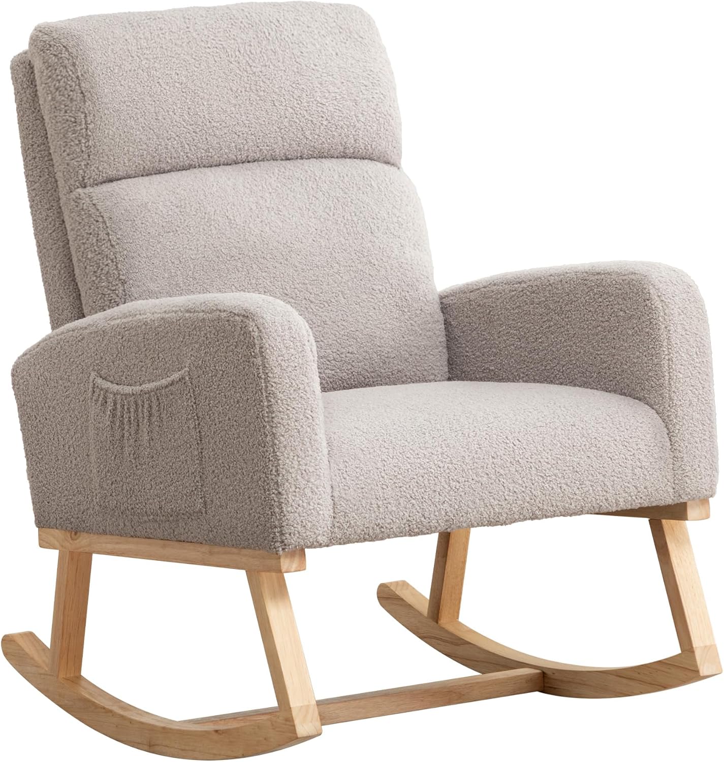 Rocking Chair Nursery, Upholstered Nursing Rocker Chair for Mom with High Backrest and Side Pockets for Bedroom Living Room, Beige