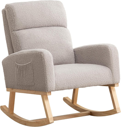 Rocking Chair Nursery, Upholstered Nursing Rocker Chair for Mom with High Backrest and Side Pockets for Bedroom Living Room, Beige