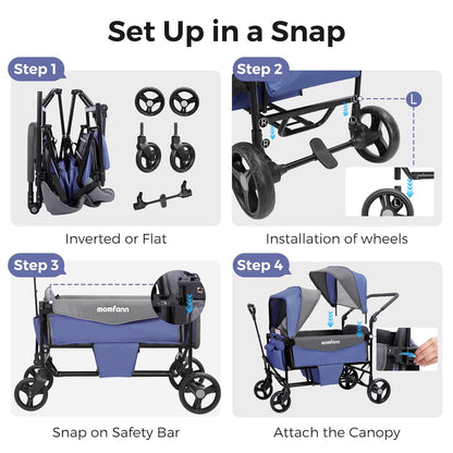 Stroller Wagon for 2 Kids with Canopy, Foldable All-Terrain Wagon Stroller with Adjustable Push/Pull Handle, Parent Organizer, 5-Point Harness, Ideal for Travel & Outdoor Adventures, Meadow Green