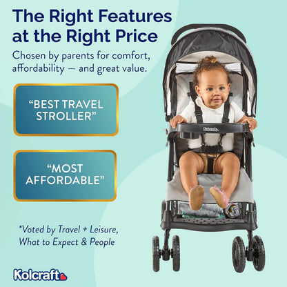 Kolcraft Cloud Plus Lightweight Umbrella Stroller for Toddlers with Reclining Seat, Large Storage Basket, Canopy, Infant & Parent Trays, Compact Fold for Summer Travel, Durable Frame, Slate Gray