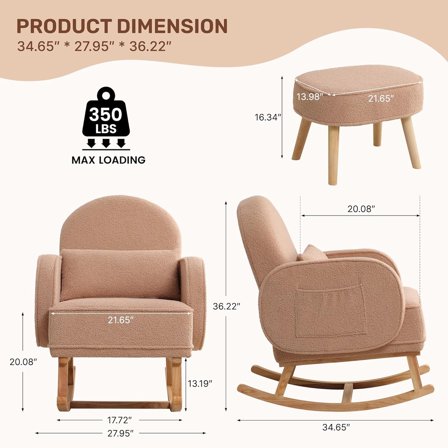 HCHAIRH Nursery Rocking Chair with Ottoman, Upholstered Glider Rocker with High Backrest Side Pocket, Rocking Accent Armchair with Solid Wood Legs for Nursery, Living Room, Bedroom, Light Grey