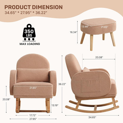 HCHAIRH Nursery Rocking Chair with Ottoman, Upholstered Glider Rocker with High Backrest Side Pocket, Rocking Accent Armchair with Solid Wood Legs for Nursery, Living Room, Bedroom, Light Grey