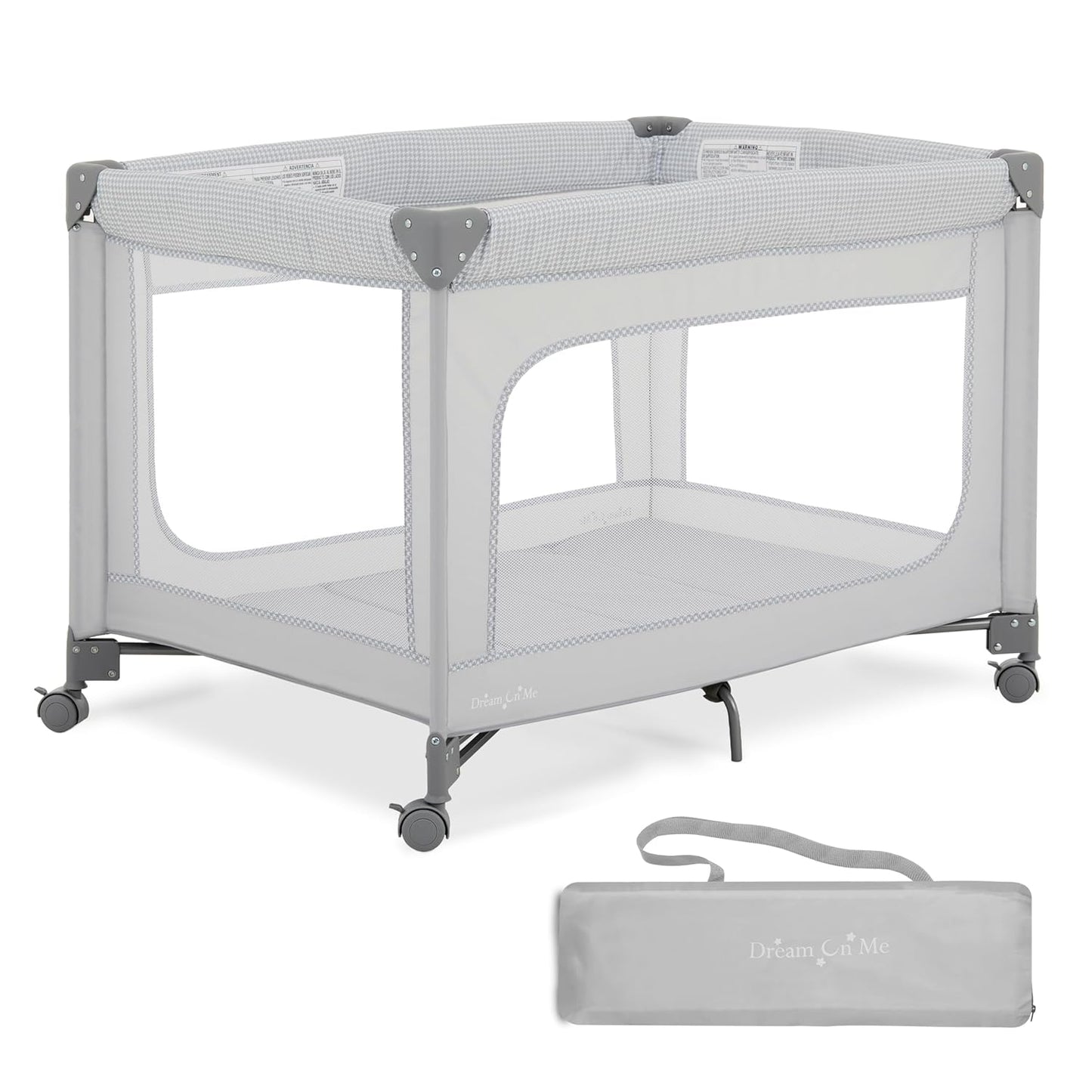 Dream On Me EZGo Portable Playard, Tool-Free Assembly, Easy One-Step Fold, Breathable Mesh Sides, Removable Mattress Pad & Smooth Locking Wheels, Travel Carry Bag Included – Black & White