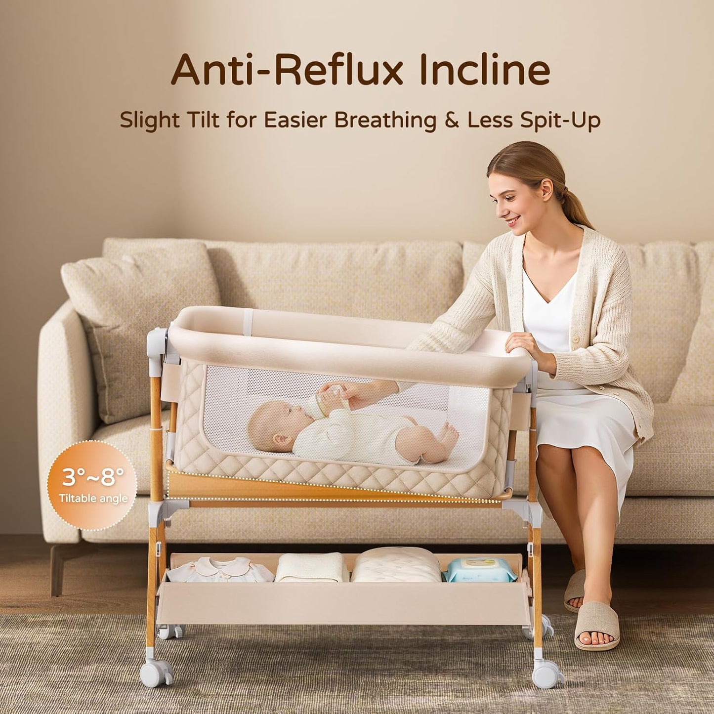 3 in 1 Baby Bassinet Bedside Sleeper,Bedside/Rocking Bassinet for Baby with Waterproof Comfy Mattress and Lockable Wheels,7 Adjustable Height, Easy Folding Portable Crib for Newborn-Khaki