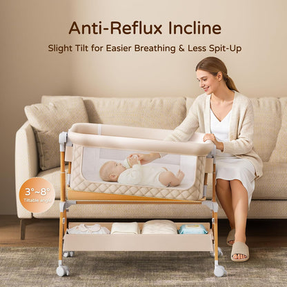 3 in 1 Baby Bassinet Bedside Sleeper,Bedside/Rocking Bassinet for Baby with Waterproof Comfy Mattress and Lockable Wheels,7 Adjustable Height, Easy Folding Portable Crib for Newborn-Khaki