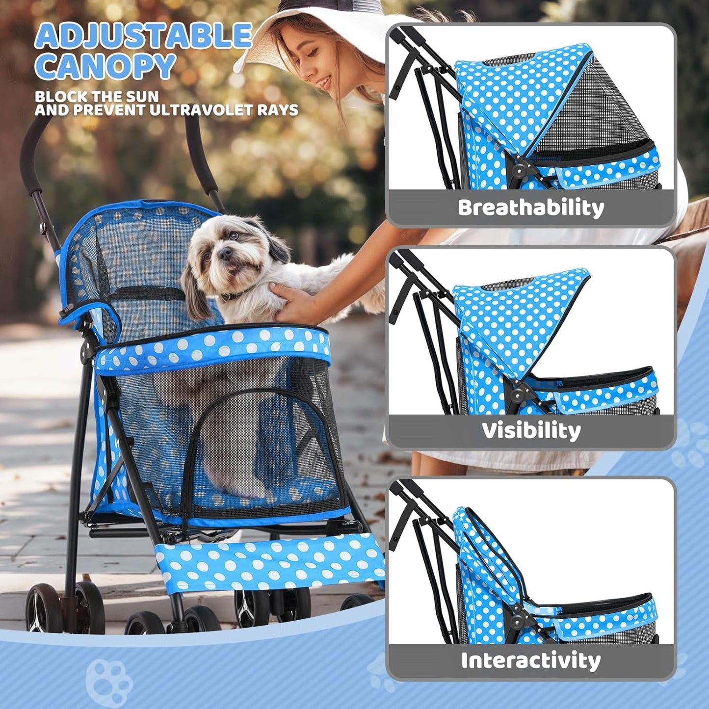 Magshion Compact Pet Stroller for Small-Medium Dogs/Cats up to 22lbs, 4-Wheel Lightweight Umbrella Shaped Portable Puppy Travel Jogger with Breathable Mesh, Cup Holder & Rear Storage, Black