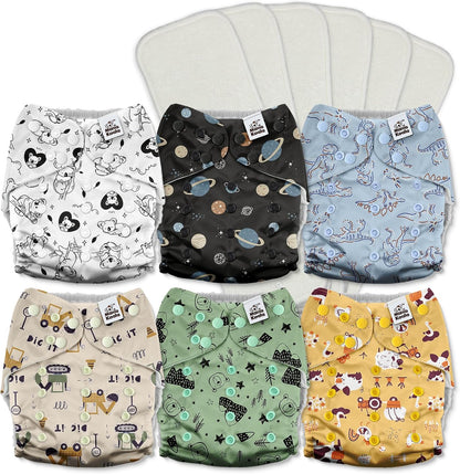 Mama Koala 3.0 Pocket Cloth Diapers for Babies with AWJ Lining, 6 Pack with 6 4-Layer Natural Cloth Diaper Inserts - Reusable and Washable Pocket Diapers(Hardworking Bees) - Colors B