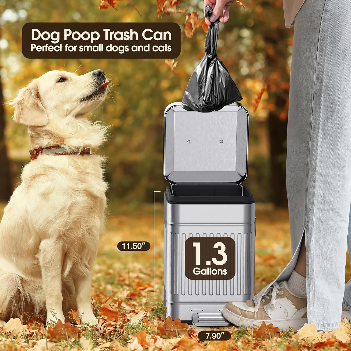 CEROELDA Small Trash Can with Lid-5L/1.3 Gal,Stainless Steel Outdoor Dog Poop Garbage Can-Farmhouse Retro Metal Waste Bin w/Step Pedal for Bathroom Bedroom Office-Soft Close-Black