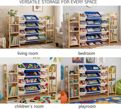 Amdermi Kids Toy Storage Organizer, 51" W White 6-Shelf Bookcase with 12 Bins, Cubby Unit for Toddler Playroom & Bedroom Organization (Blue)