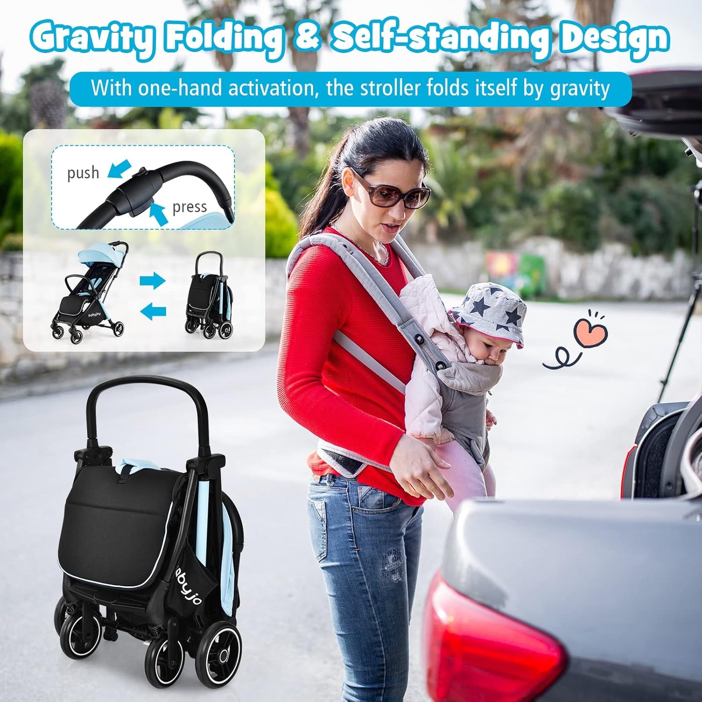 BABY JOY Lightweight Baby Stroller, Compact Travel Stroller for Airplane, Infant Toddler Stroller w/Adjustable Backrest & Canopy, Storage Basket, Self Standing Gravity Fold, Aluminium Frame (Pink)