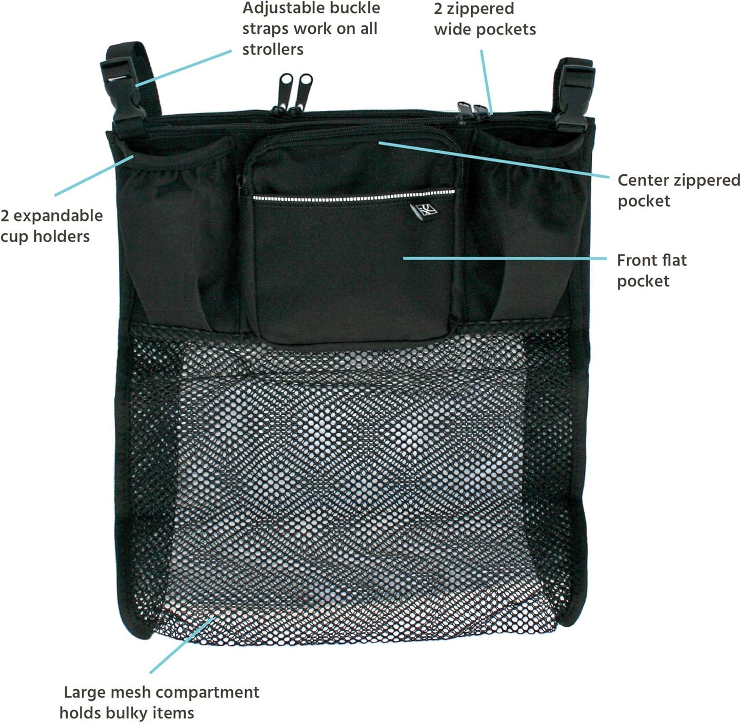 J.L. Childress Cups 'N Cargo Universal Stroller Caddy Organizer - Essential Travel Accessories for Baby Stroller, Includes Cup Holders & Mesh Storage Bag, Fits UPPAbaby, Doona, Nuna, & More - Black