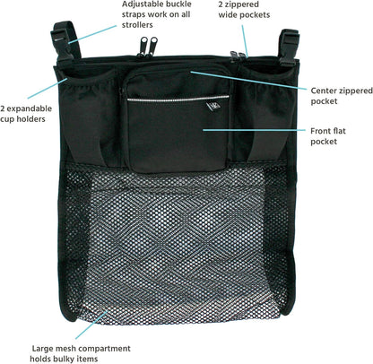 J.L. Childress Cups 'N Cargo Universal Stroller Caddy Organizer - Essential Travel Accessories for Baby Stroller, Includes Cup Holders & Mesh Storage Bag, Fits UPPAbaby, Doona, Nuna, & More - Black
