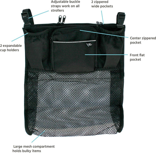 J.L. Childress Cups 'N Cargo Universal Stroller Caddy Organizer - Essential Travel Accessories for Baby Stroller, Includes Cup Holders & Mesh Storage Bag, Fits UPPAbaby, Doona, Nuna, & More - Black