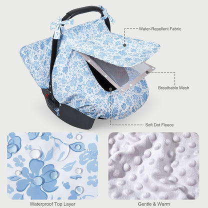FIOBEE Baby Car Seat Cover, Car Seat Covers for Babies Infant Car Seat Canopy with Breathable Mesh Window Waterproof Carseat Cover for Babies Boy Girl 4 Seasons, White/Cow