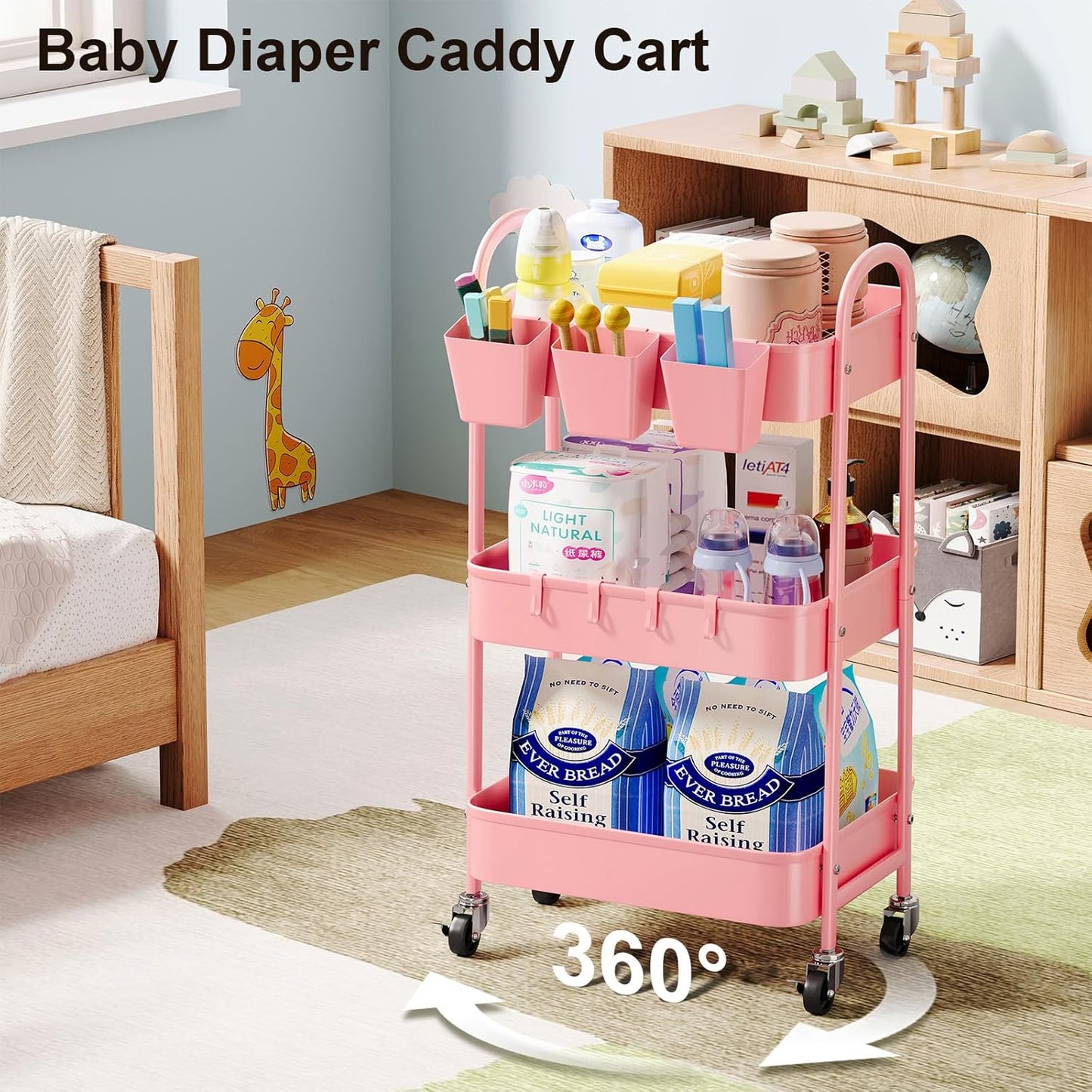 3 Tier Heavy Duty White Metal Rolling Cart with Lockable Wheels, Three Tier Roller Book Snack Cart, Utility Storage Organizer Carts for Kitchen, Bathroom, Garage, Baby Diaper, Craft, Art, Teacher