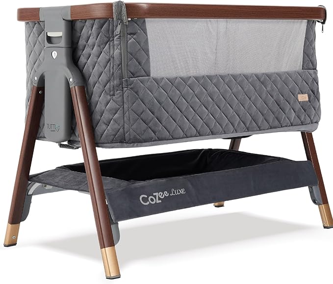 Tutti Bambini CoZee® Luxe Bedside Bassinet & Sleeper - Baby Bassinets Bedside Sleeper, Portable Crib & Adjustable Crib for Newborns, Travel Case, Must-Have Baby Essentials, 0-6 Months (Walnut/Slate)