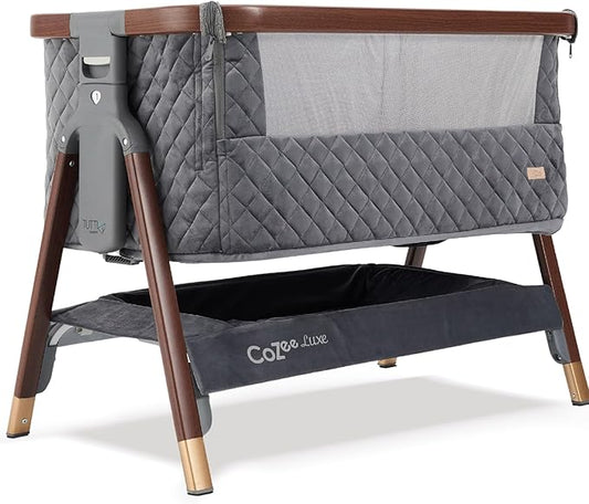 Tutti Bambini CoZee® Luxe Bedside Bassinet & Sleeper - Baby Bassinets Bedside Sleeper, Portable Crib & Adjustable Crib for Newborns, Travel Case, Must-Have Baby Essentials, 0-6 Months (Walnut/Slate)