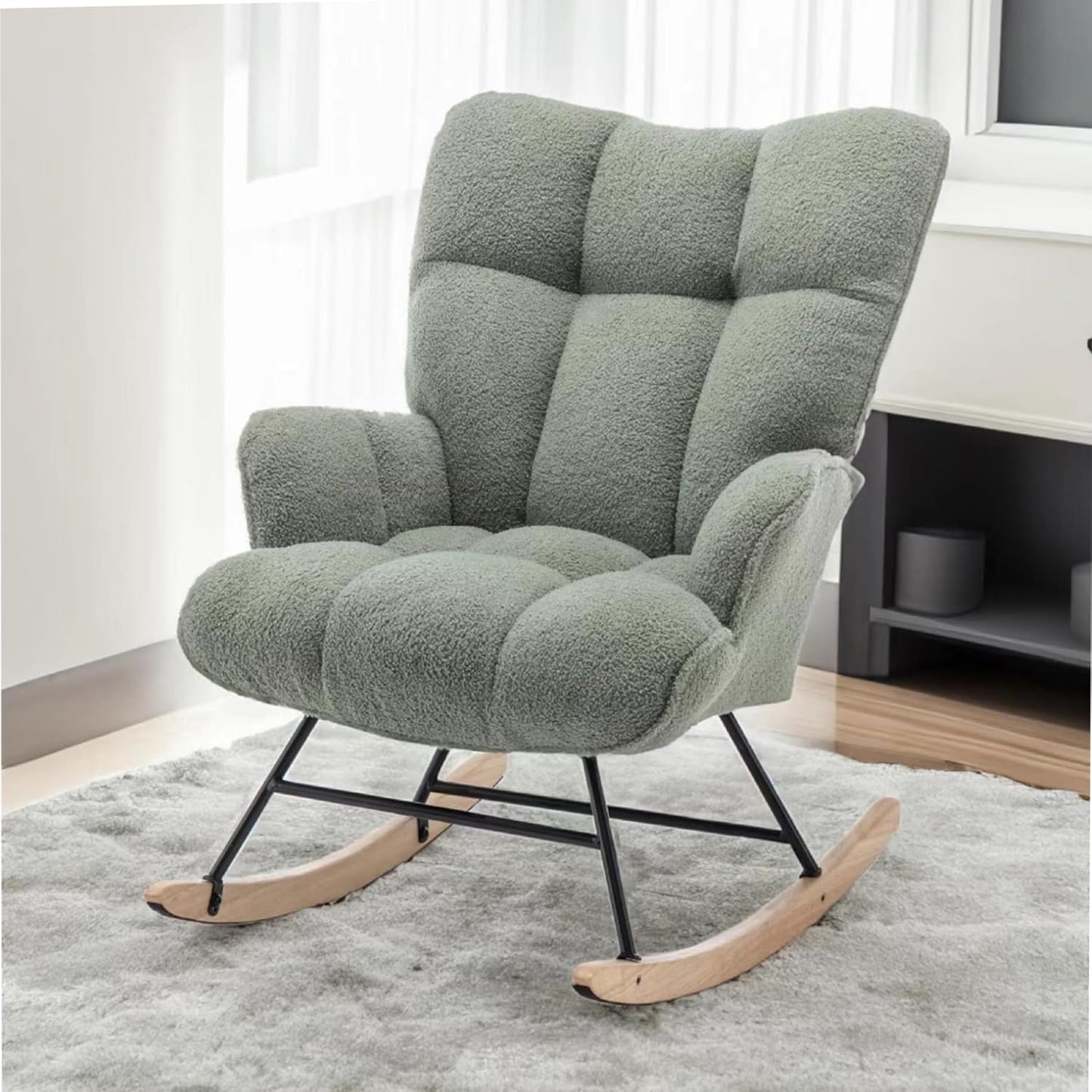 SAETSFEG Rocking Chair Nursery Teddy Upholstered Glider Rocker Rocking Accent Chair Padded Seat with High Backrest Armchair Comfy Side Chair for Living Room Bedroom Offices (Grey Teddy)