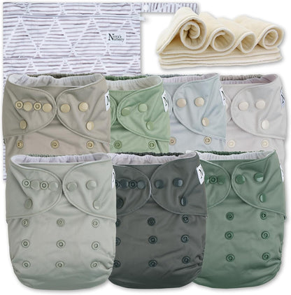 Nora's Nursery Cloth Diapers 7 Pack with 7 Inserts & 1 Wet Bag - Waterproof Cover, Washable, Reusable & One Size Adjustable Pocket Diapers for Newborns and Toddlers - Delilah