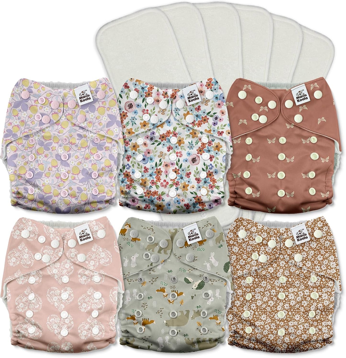 Mama Koala 3.0 Pocket Cloth Diapers for Babies with AWJ Lining, 6 Pack with 6 4-Layer Natural Cloth Diaper Inserts - Reusable and Washable Pocket Diapers(Hardworking Bees) - Colors A