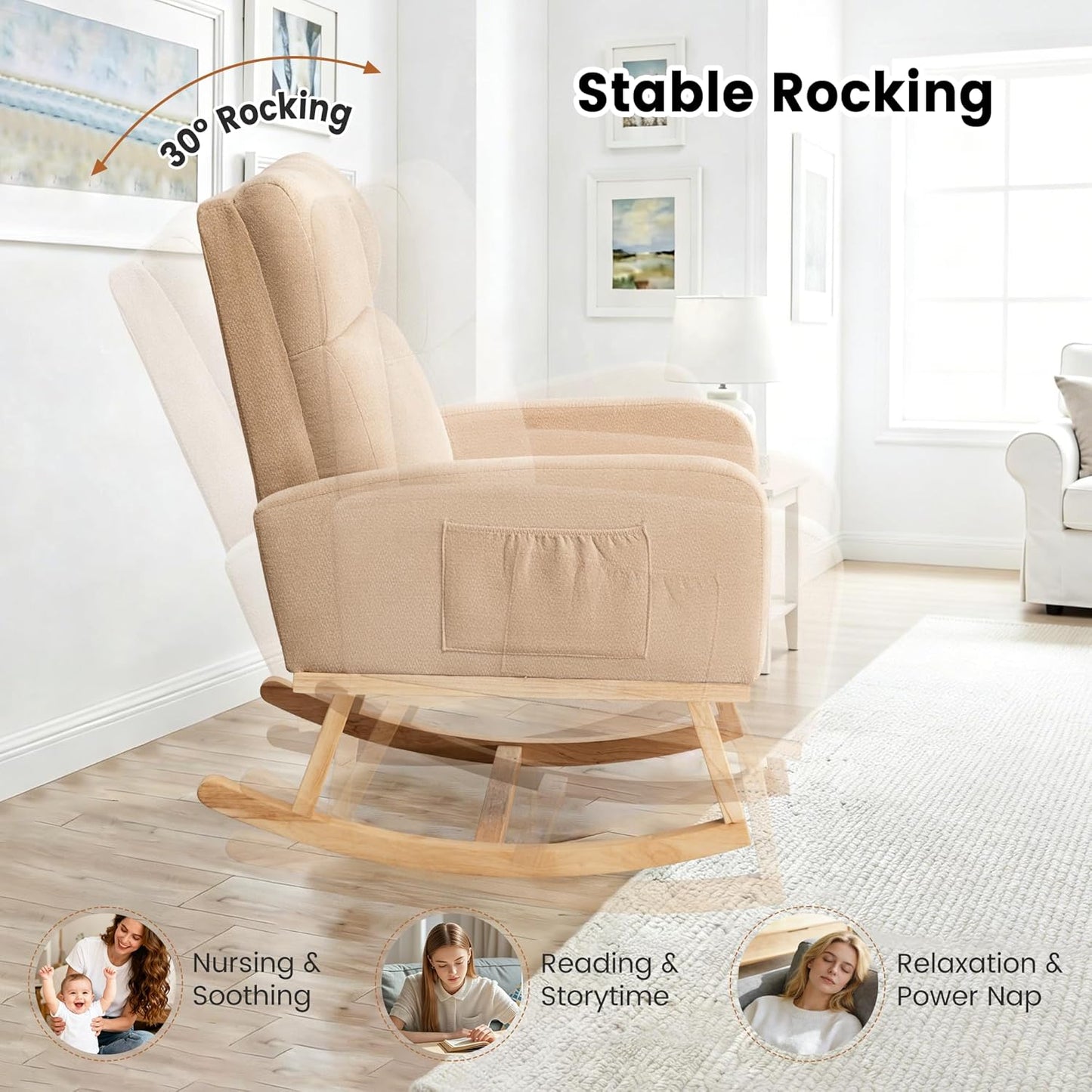 Rocking Chair Nursery - Glider Modern Accent Chairs Upholstered Nursing Rocker Padded Armchair for Indoor Living Room Bedroom Beige