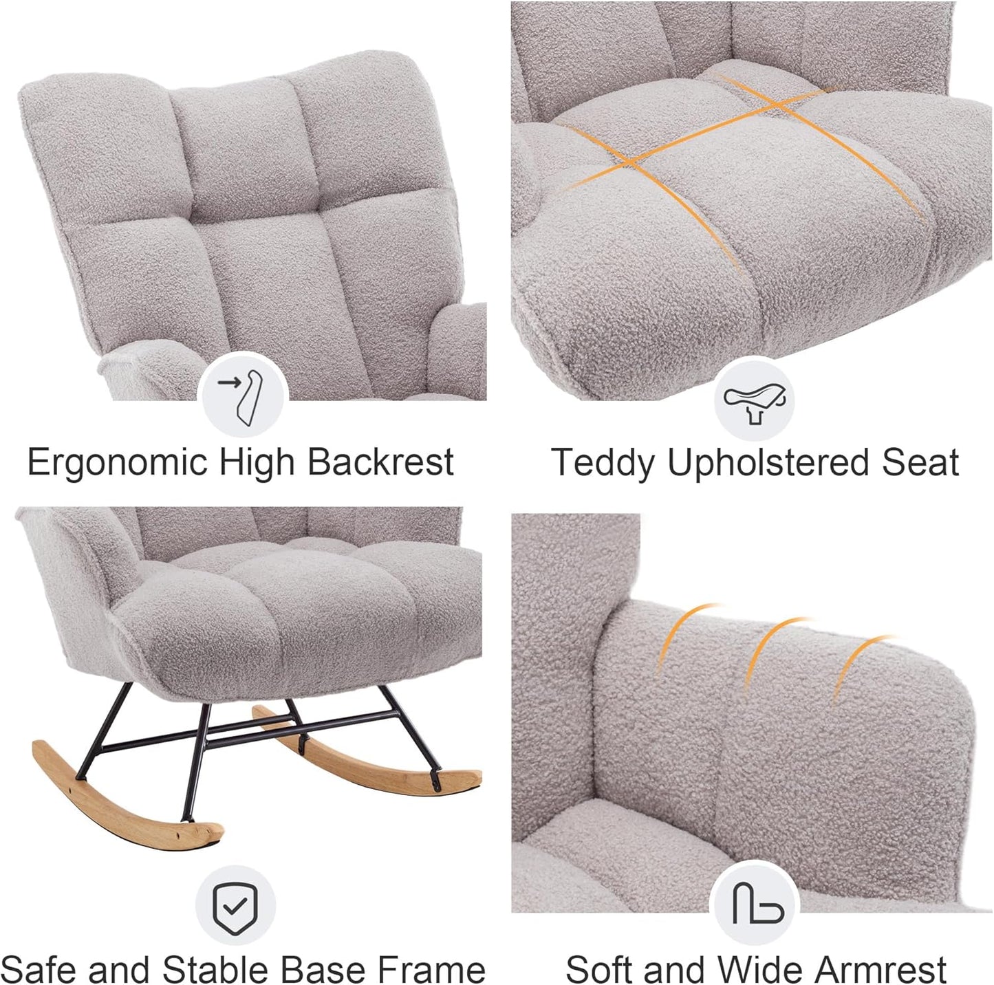 Zedachica Rocking Chair Nursery Teddy Upholstered Glider Rocker Rocking Accent Chair Padded Seat with High Backrest Armchair Comfy Side Chair for Living Room Bedroom Offices (Black Teddy)