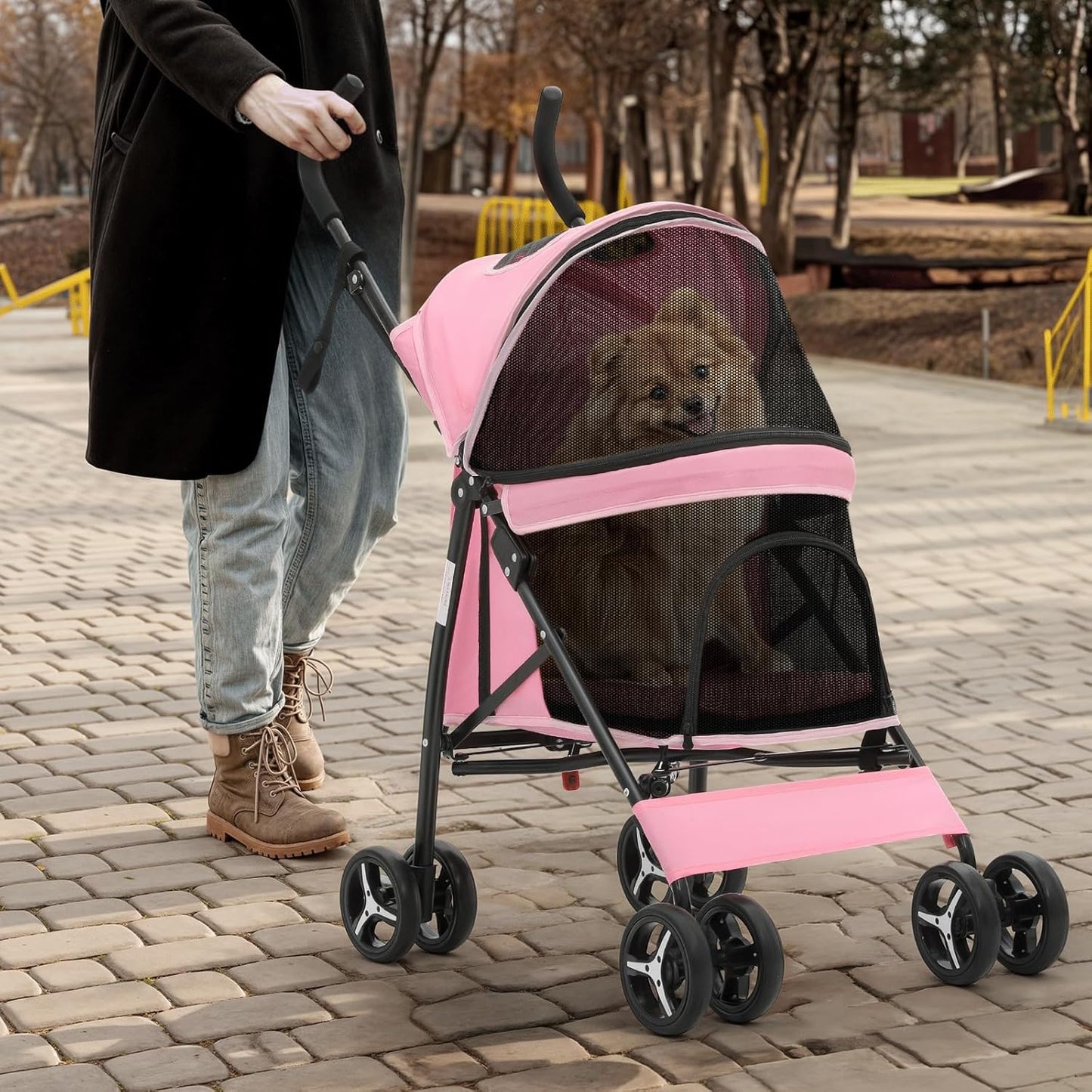 Magshion Compact Pet Stroller for Small-Medium Dogs/Cats up to 22lbs, 4-Wheel Lightweight Umbrella Shaped Portable Puppy Travel Jogger with Breathable Mesh, Cup Holder & Rear Storage, Black