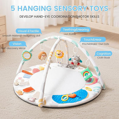 Montessori Baby Play Gym & Activity Mat for Brain Development (0-12Mo) | 5-Sensory Zones + 5 Toys |Portability Tummy Time Activity Mat Stage-Based for Newborn Brain Development Essential & Gift-Ready