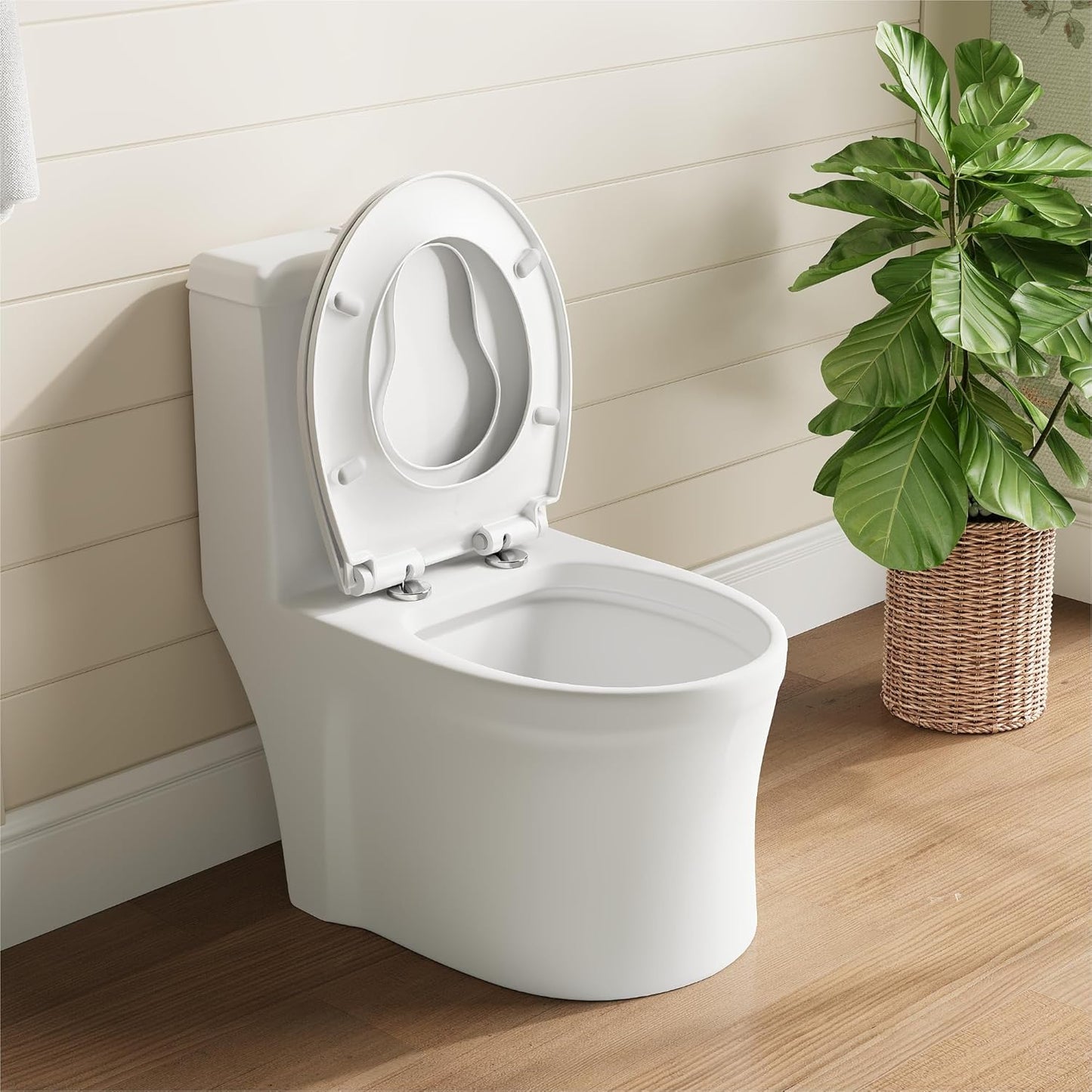 17" White Round Toilet Seat for Adult and Child, Built-In Potty Training Seat with Soft Quiet Close Non-Slip Design, Magnetic Kids Seat and Cover for Round/Oval Toilets, Easy to Install and Clean