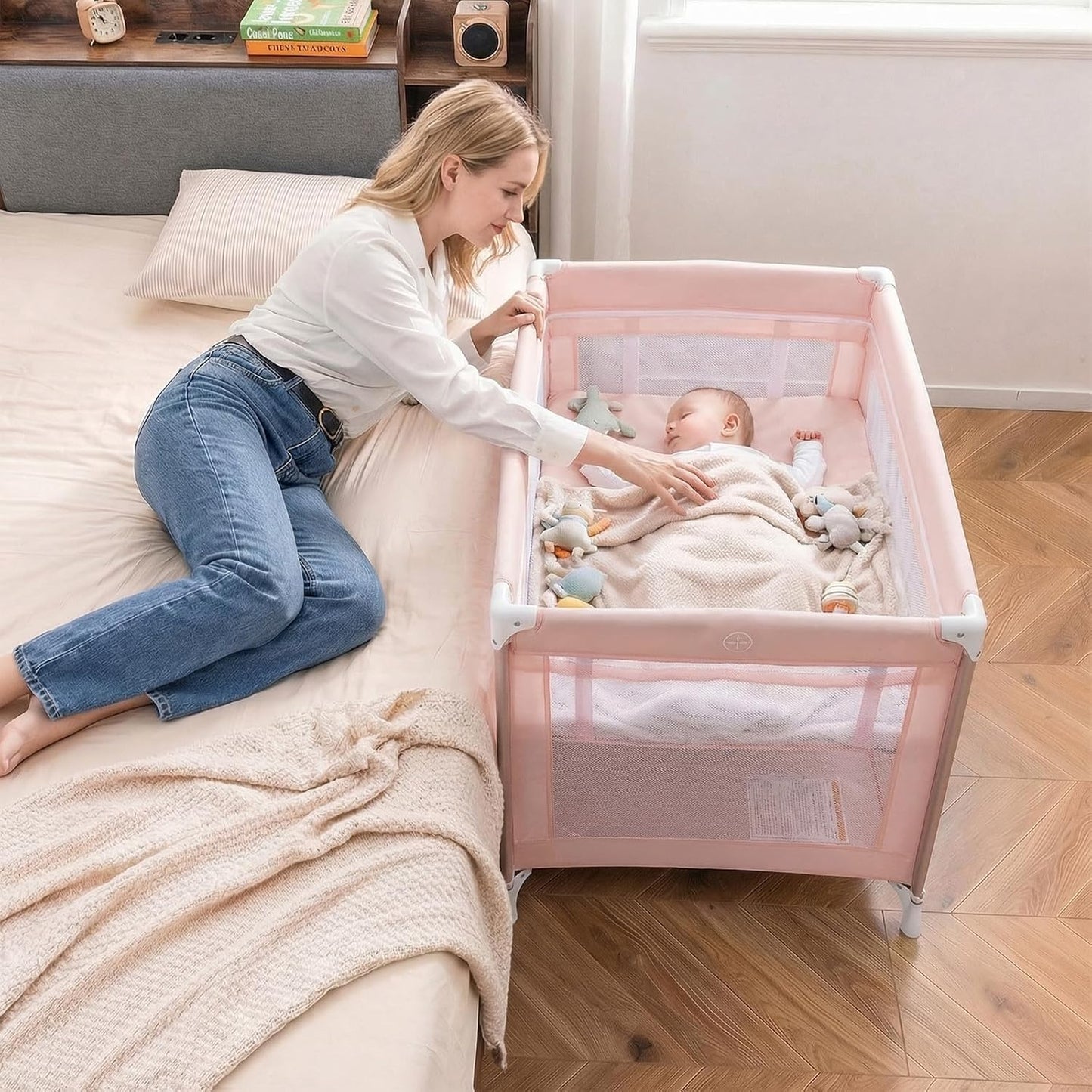 BABY JOY 3 in 1 Pack and Play, Portable Baby Playard with Bassinet, Changing Table, Lockable Wheels, Glowing Music Box, Travel Baby Crib Bassinet Bed from Newborn to Toddler