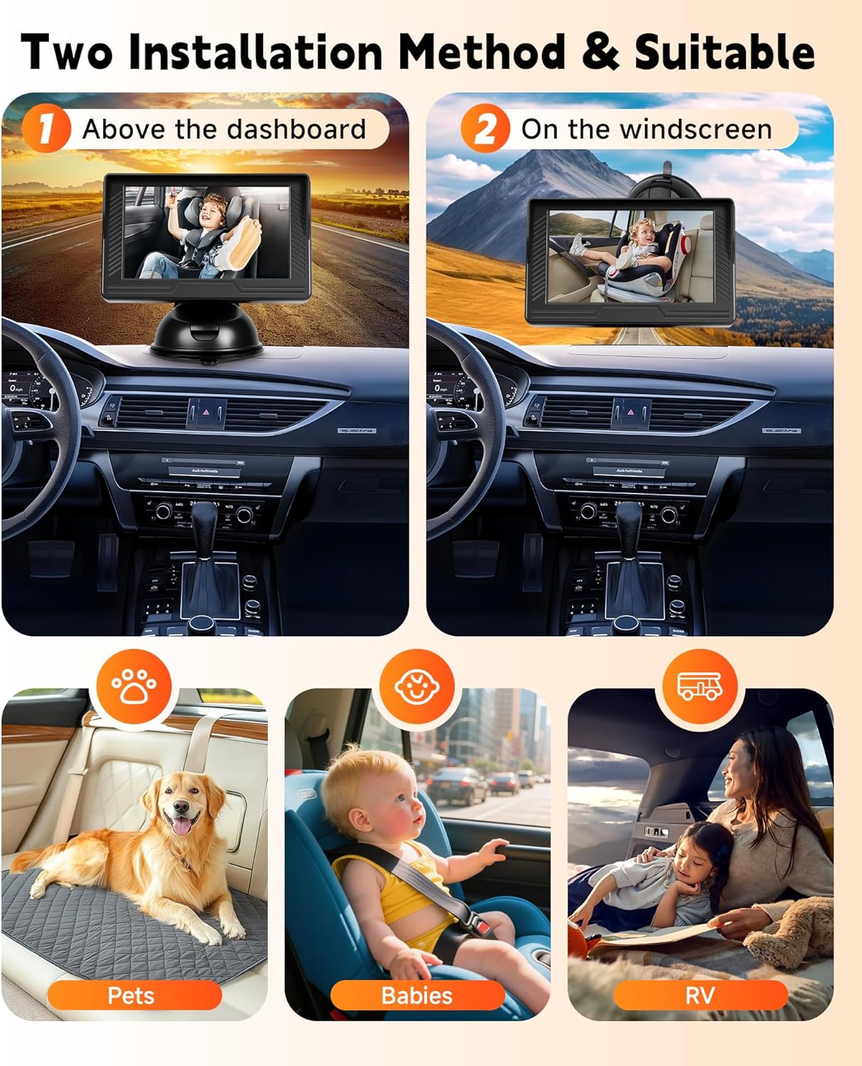 Rimoody Baby Car Camera for Backseat, 4.3'' HD Display Baby Car Mirror with Night Vision Feature, Wide View Angle, Reusable Sucker Bracket, Easy Install 360° Adjustable Display