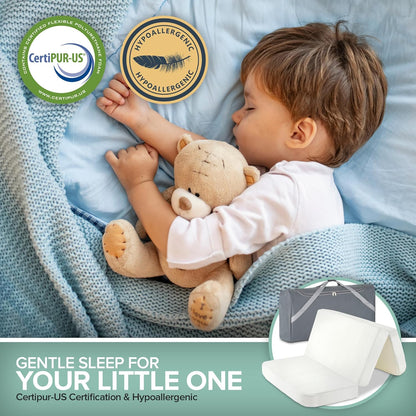 Foldable Travel Pack n Play Mattress Pad with Bag, Waterproof Portable Mini Crib Mattresses, Baby Bed Playpen Memory Foam Topper, Playard Pen Accessories, Traveling Case Included