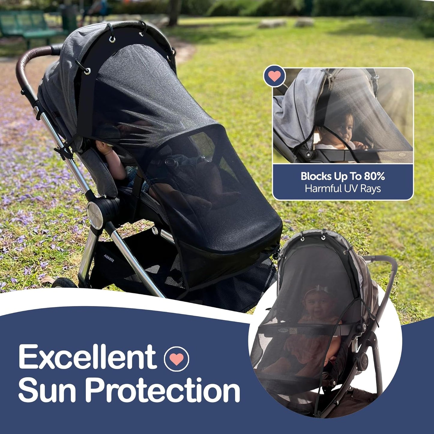 Stroller Sun Shade Extender – Universal Clip-On Baby Stroller Sun Shade Cover, UV Protection, Breathable See-Through Mesh, Adjustable Fit, Large Black
