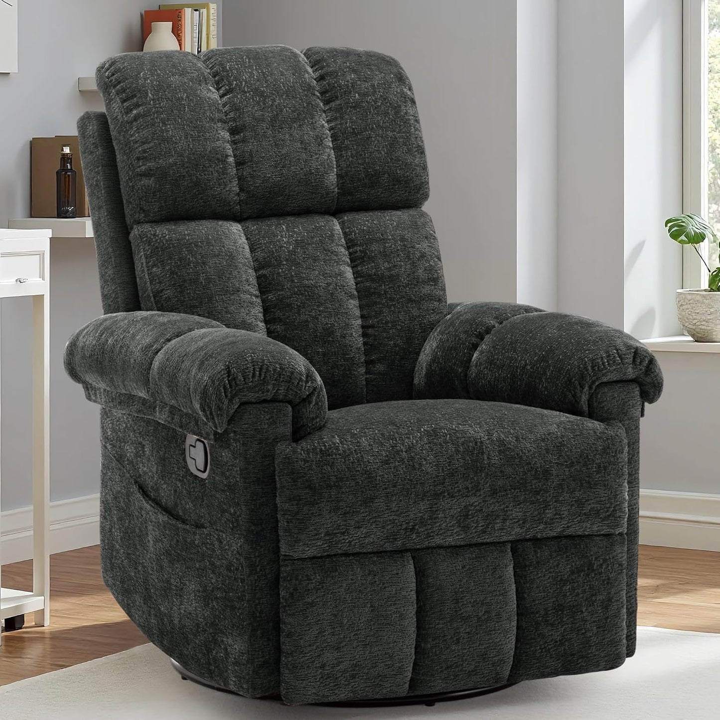 Korser Recliner Chair, Swivel Rocker Recliner Chair for Adults, Small Recliners for Small Spaces, Upholstered Manual Recliner with Side Pockets, Nursery Rocking Chair for Living Room, Chenille, Beige