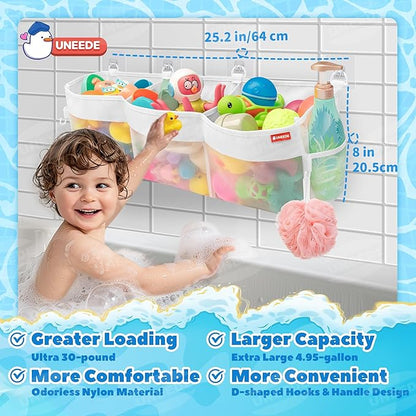 UNEEDE 3 Compartment Horizontal Bath Toy Organizer for Tub,Extra Large Capacity 4.95 Gallons Bath Toy Storage Holder,Mesh Quick Dry Bathtub Storage and Organizer,Easy Access Baby Bathtub Holder