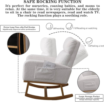 Rocking Chair Nursery, Upholstered Nursing Rocker Chair for Mom with High Backrest and Side Pockets for Bedroom Living Room, Beige