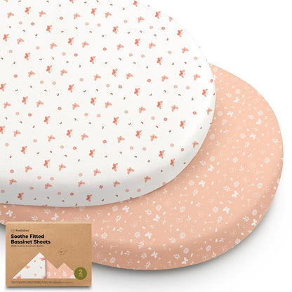 2-Pack Organic Bassinet Sheets for Girls, Boys - 100% Cotton Bassinet Mattress Sheets Compatible with Halo Bassinest Swivel Sleeper, Graco, Baby Delight, Chicco, Unisex Fitted Bassinet Sheets (Elly)