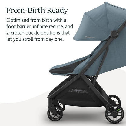 UPPAbaby Minu V3 Travel Stroller | Lightweight + Compact Design | One-Hand Fold + Unfold | from Birth + Overhead Compatible | Evelyn (Meadow Green/Carbon Frame/Chestnut Leather)