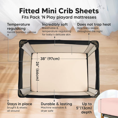 2-Pack Waterproof Pack and Play Sheets, Mini Crib Sheets Fitted for Boy, Girl - 38 x 26 Viscose from Bamboo Pack N Play Mattress Sheets for Graco, Toddler Playard Baby Crib Sheets Neutral (Blue Flax) - Colors B