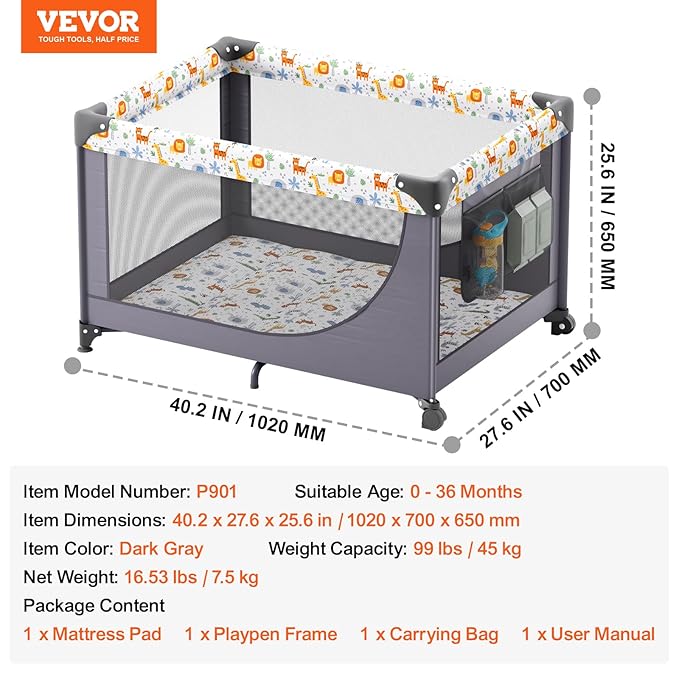 VEVOR Baby Travel Crib and Play Yard, Folding Baby Playpen with Soft Mattress Pad, Portable Toddlers Crib with Breathable Mesh and Travel Bag, Indoor/Outdoor Kid Activity Center for 0-36 Months Babies