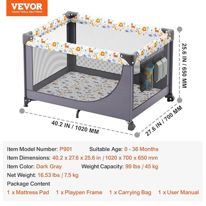 VEVOR Baby Travel Crib and Play Yard, Folding Baby Playpen with Soft Mattress Pad, Portable Toddlers Crib with Breathable Mesh and Travel Bag, Indoor/Outdoor Kid Activity Center for 0-36 Months Babies