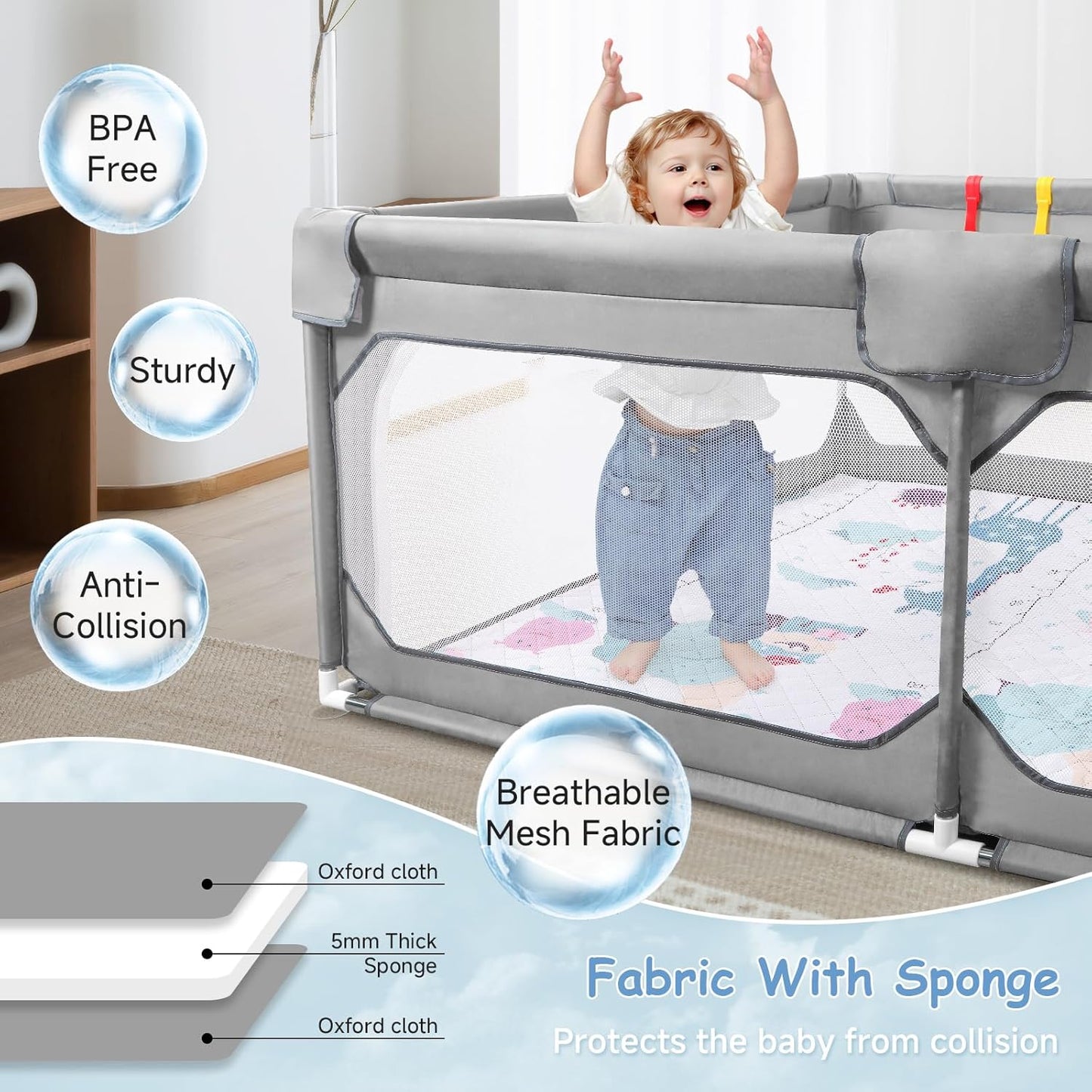 JINXIA Baby Playpen with Mat 75"*59", Large Play Pen for Babies and Toddlers with Soft Breathable Mesh, Climb-Proof Anti-Fall Baby Playpen, Sturdy Safety Play Yard for Indoor Outdoor Fun, Grey