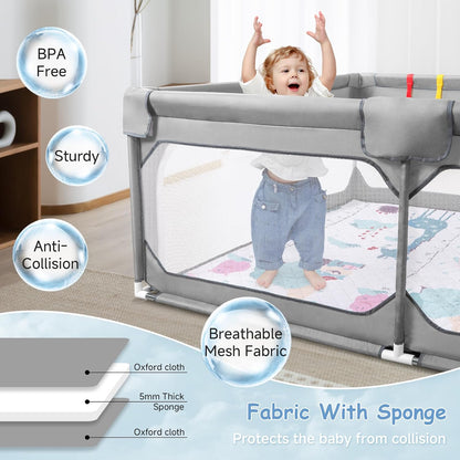 JINXIA Baby Playpen with Mat 75"*59", Large Play Pen for Babies and Toddlers with Soft Breathable Mesh, Climb-Proof Anti-Fall Baby Playpen, Sturdy Safety Play Yard for Indoor Outdoor Fun, Grey