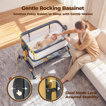 Ezebaby 3 in 1 Baby Bassinet Bedside Sleeper, Rocking Bassinet for Baby with Comfy Mattress & Breathable Full Mesh Sides, 7 Height Adjustable | Portable Crib for Newborns with Lockable Wheels